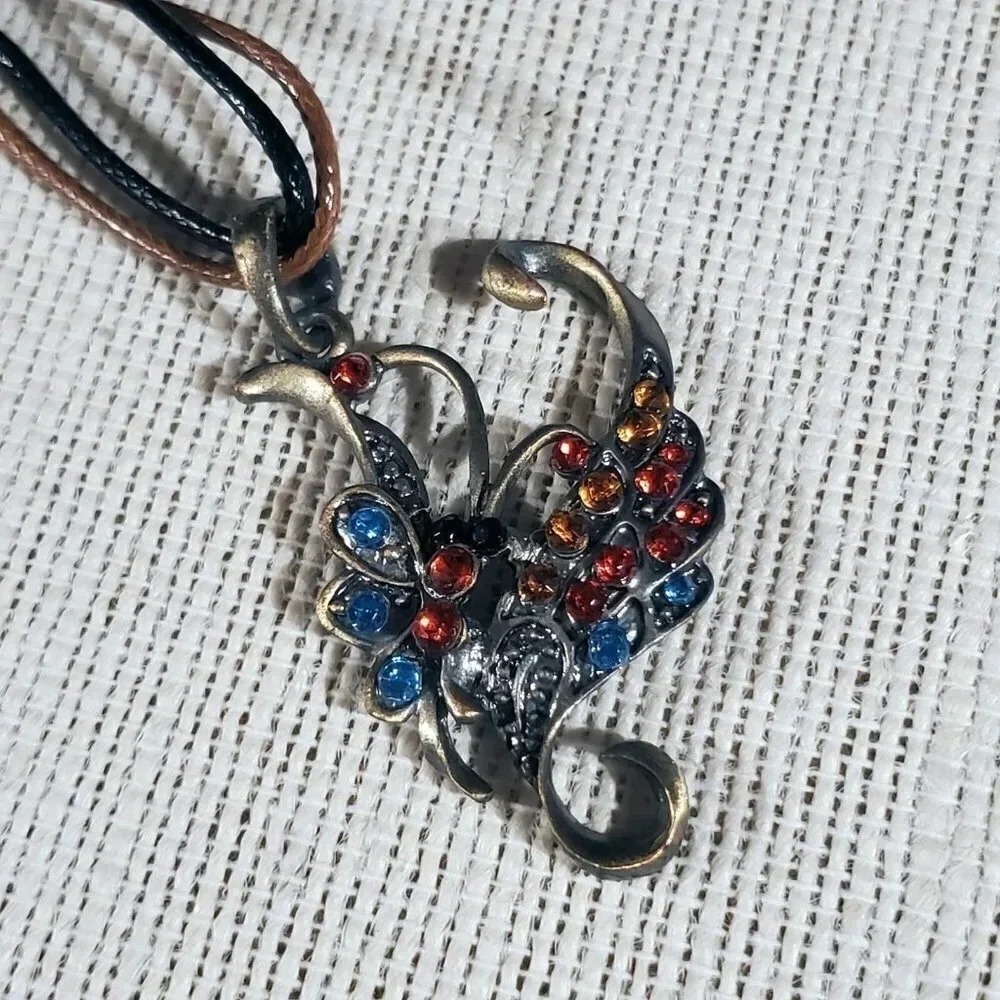 Rustic Antique Bronze Rhinestones Art Nouveau Pendant Necklace Vegan Leather - Picture 4 of 10